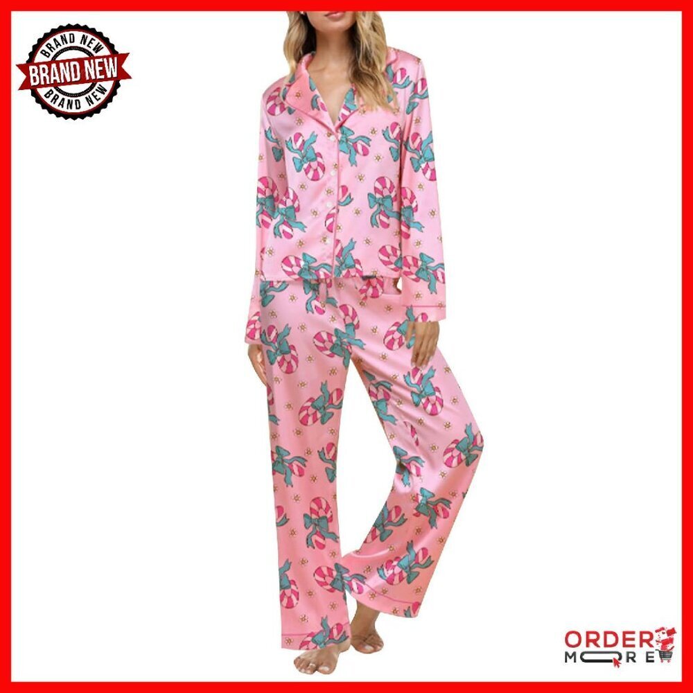 Satin Silk Pajama Set 2-Piece Long Sleeve Button Down Shirt Pants